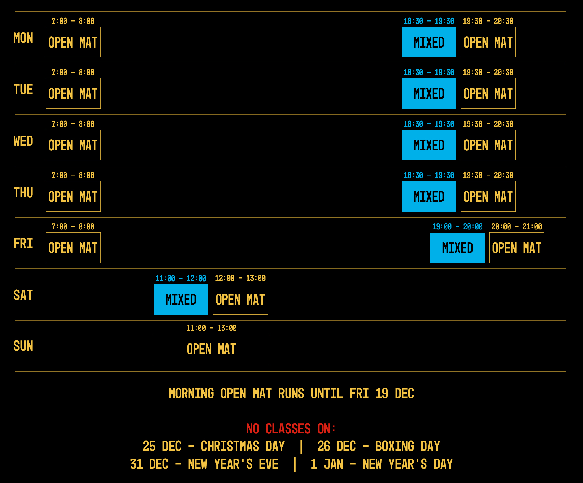 End of year timetable